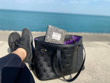 Load image into Gallery viewer, Black vegan leather tote bag, purse laptop sleeve