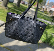 Load image into Gallery viewer, Black vegan leather tote bag, purse laptop sleeve