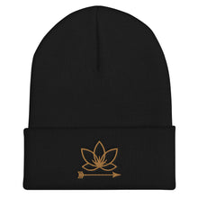 Load image into Gallery viewer, Black cuffed beanie with Lotus Noir logo embroidered in gold