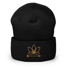 Load image into Gallery viewer, Black cuffed beanie with Lotus Noir logo embroidered in gold