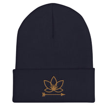 Load image into Gallery viewer, Blue cuffed beanie with Lotus Noir logo embroidered in gold