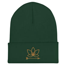 Load image into Gallery viewer, Green cuffed beanie with Lotus Noir logo embroidered in gold
