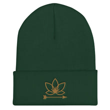 Load image into Gallery viewer, Green cuffed beanie with Lotus Noir logo embroidered in gold