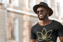 Load image into Gallery viewer, Black man in fedora wearing black unisex vneck tshirt with Lotus Noir logo in center