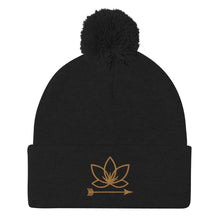 Load image into Gallery viewer, Black cuffed pom-pom beanie with Lotus Noir logo embroidered in gold