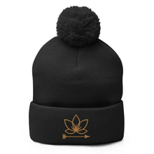 Load image into Gallery viewer, Black cuffed pom-pom beanie with Lotus Noir logo embroidered in gold