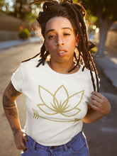 Load image into Gallery viewer, Black woman with locs wearing white unisex tshirt with Lotus Noir logo in center
