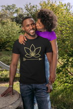 Load image into Gallery viewer, Black man with woman on back in a park wearing black unisex tshirt with Lotus Noir logo in center
