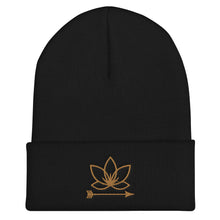 Load image into Gallery viewer, Black cuffed beanie with Lotus Noir logo embroidered in gold
