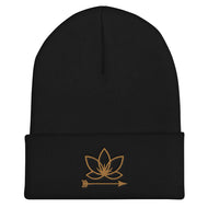 Black cuffed beanie with Lotus Noir logo embroidered in gold