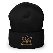 Load image into Gallery viewer, Black cuffed beanie with Lotus Noir logo embroidered in gold
