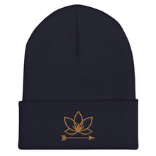 Load image into Gallery viewer, Blue cuffed beanie with Lotus Noir logo embroidered in gold
