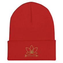 Load image into Gallery viewer, Red cuffed beanie with Lotus Noir logo embroidered in gold
