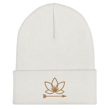 Load image into Gallery viewer, White cuffed beanie with Lotus Noir logo embroidered in gold
