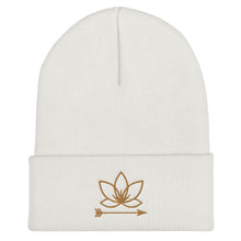 Load image into Gallery viewer, White cuffed beanie with Lotus Noir logo embroidered in gold
