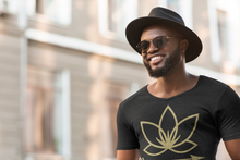 Load image into Gallery viewer, Black man in fedora wearing black unisex vneck tshirt with Lotus Noir logo in center
