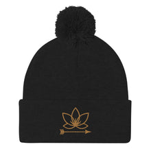 Load image into Gallery viewer, Black cuffed pom-pom beanie with Lotus Noir logo embroidered in gold

