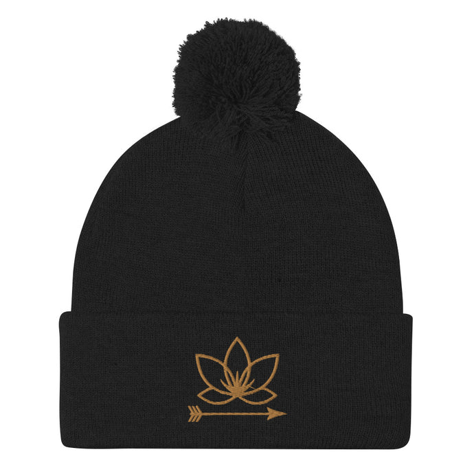 Black cuffed pom-pom beanie with Lotus Noir logo embroidered in gold