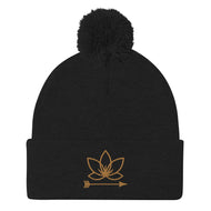 Black cuffed pom-pom beanie with Lotus Noir logo embroidered in gold