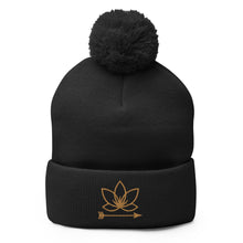 Load image into Gallery viewer, Black cuffed pom-pom beanie with Lotus Noir logo embroidered in gold
