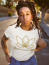 Load image into Gallery viewer, Black woman with locs wearing white unisex tshirt with Lotus Noir logo in center
