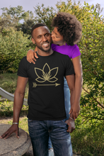 Load image into Gallery viewer, Black man with woman on back in a park wearing black unisex tshirt with Lotus Noir logo in center
