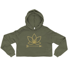 Load image into Gallery viewer, Army green crop hoodie with Lotus Noir logo in center
